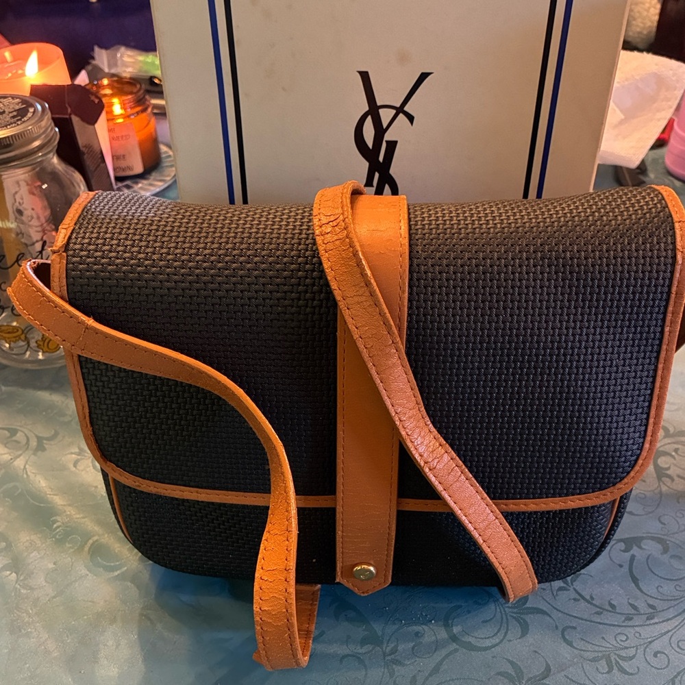 Vintage Yves Saint Laurent Black and Tan Woven Crossbody Bag & Box